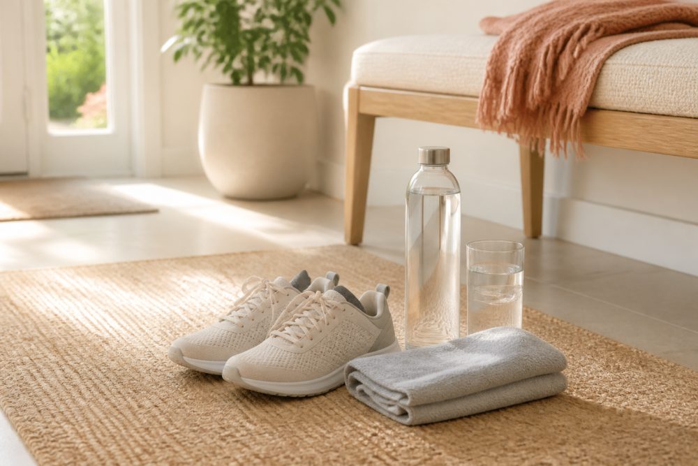 A water bottle and walking shoes represent hydration and gentle movement habits that may support bowel regularity.