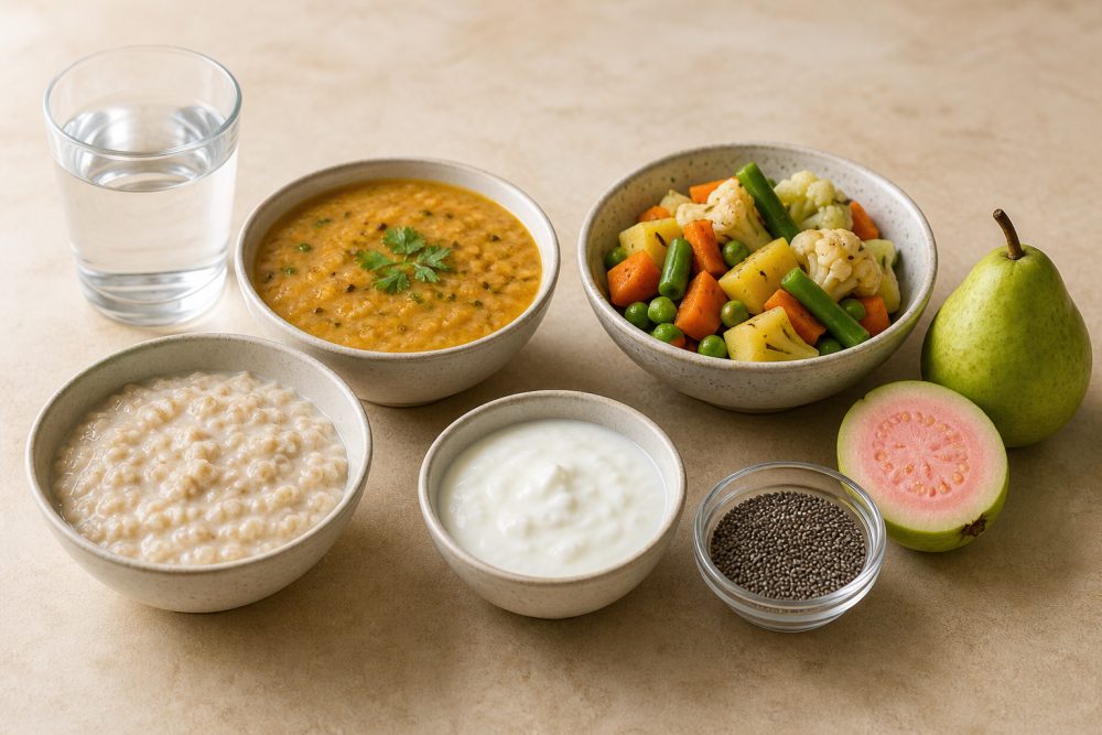 Oats, dal, vegetables, fruit, curd and water illustrate a gradual food-first approach to tirzepatide constipation.