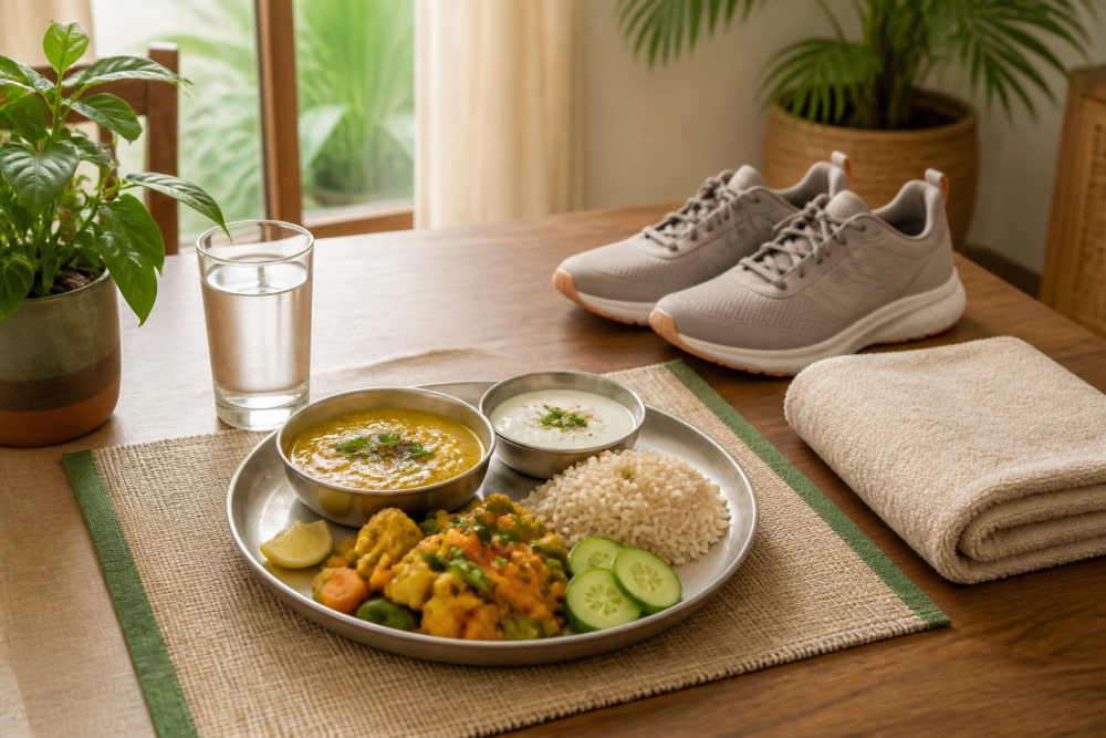 A balanced Indian meal, water and walking shoes represent practical metabolic-health habits discussed alongside skin-tag care.