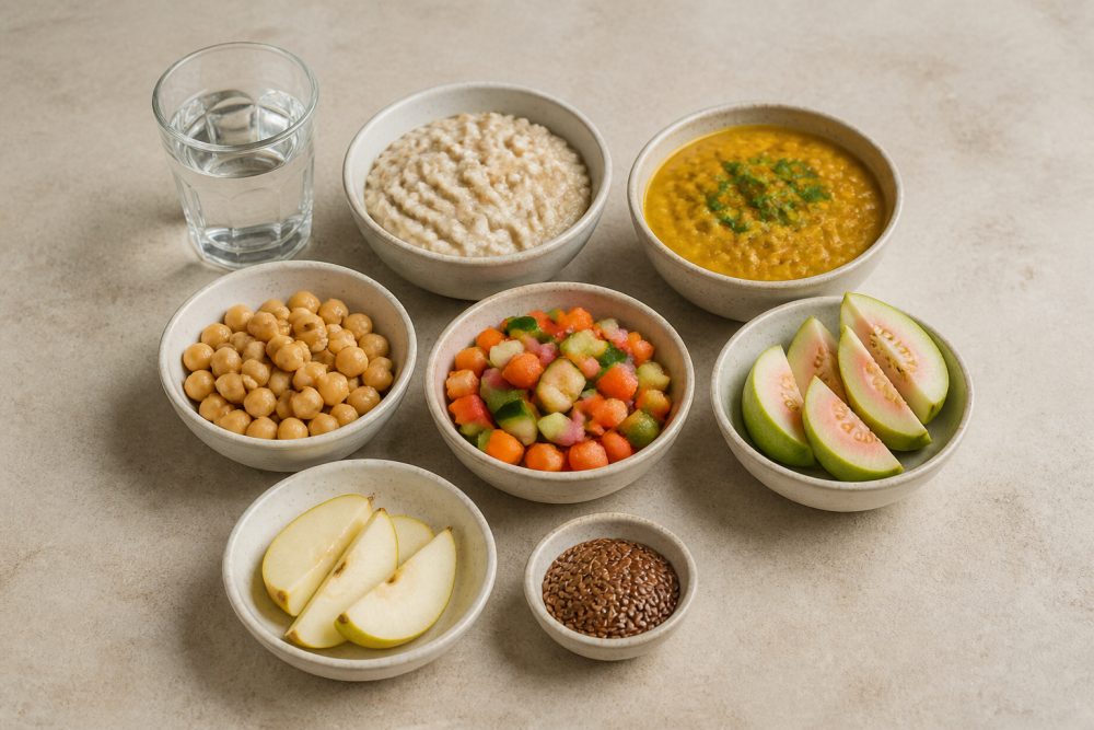 Pairing protein with vegetables, fruit and fibre-rich foods can improve fullness and bowel regularity.