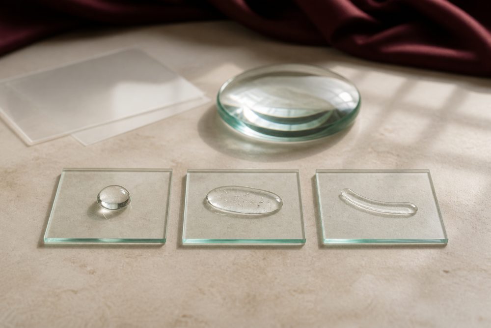 Abstract non-clinical visual of gel patterns used to explain why filler migration assessment considers material, placement and change over time.
