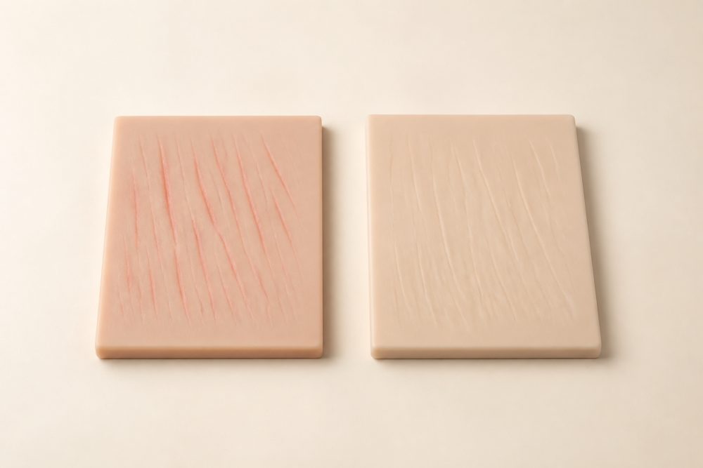 Earlier red stretch marks and mature pale stretch marks are assessed differently because their colour and texture are not the same.