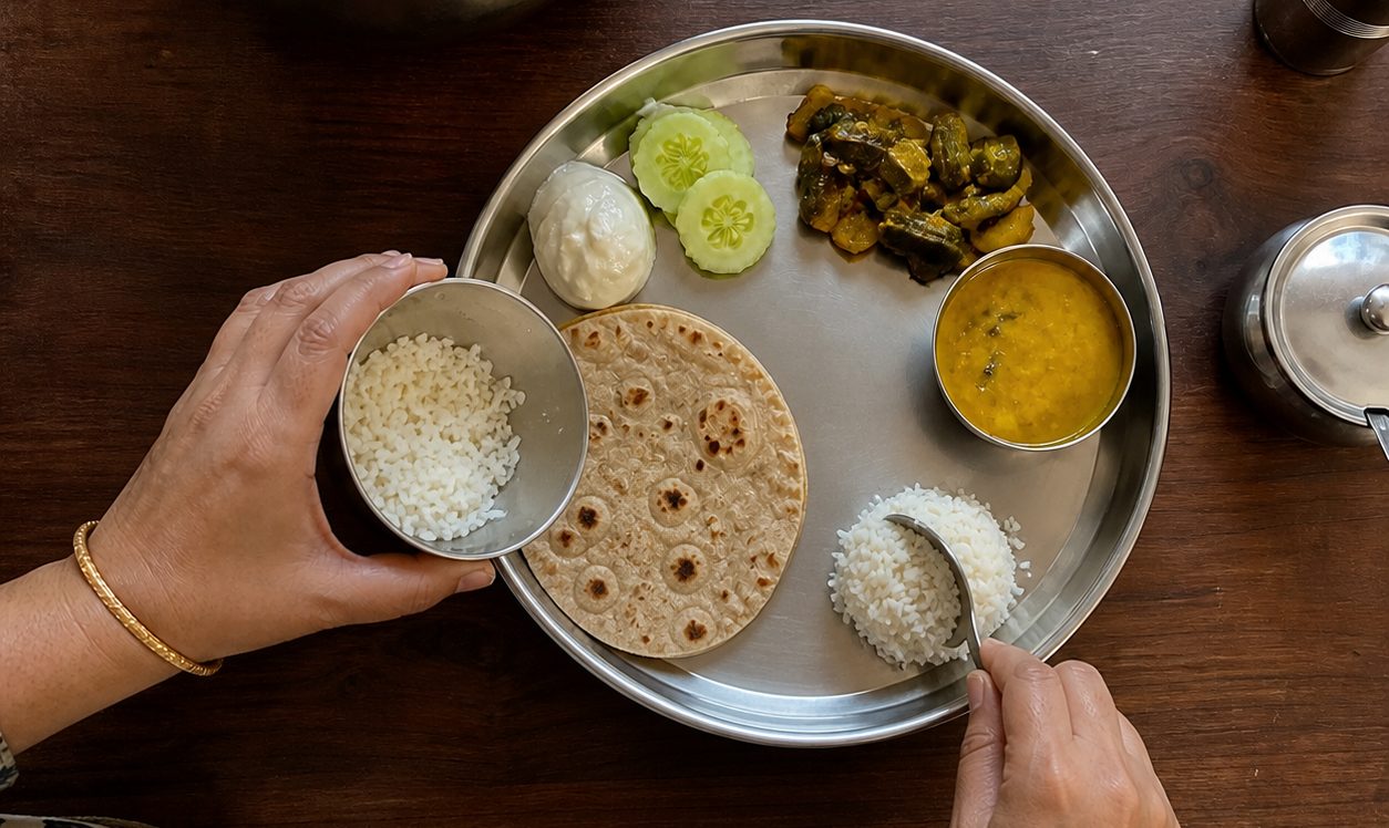 Sustainable portion control using satisfying Indian home food—not starvation or diet products.