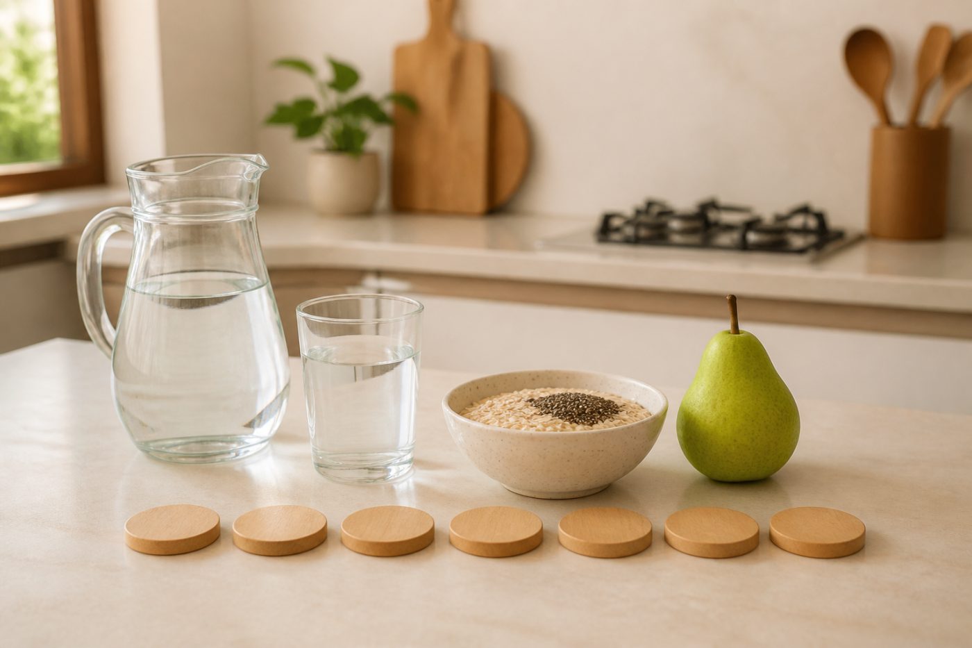 Tirzepatide constipation support shown with fibre foods, water and a weekly plan