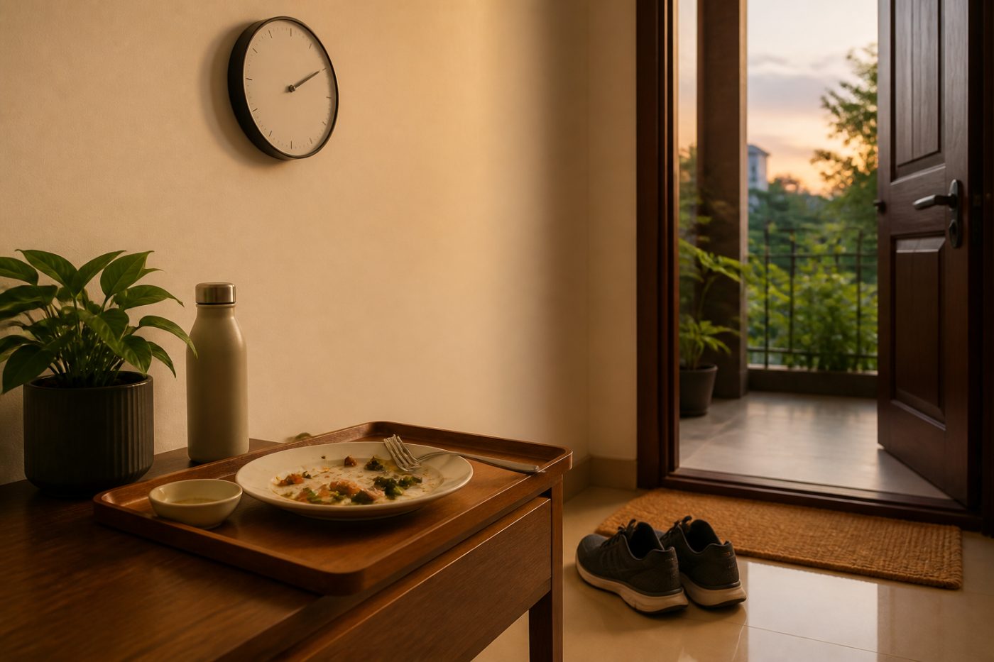 Walking shoes clock and water for a short walk after meals